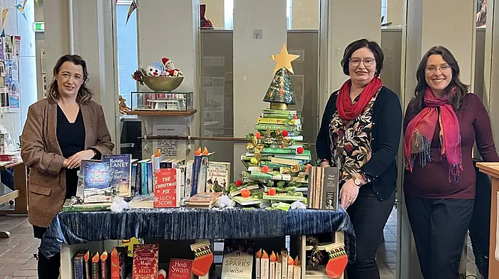 Bantry librarians Pamela Barry, Geraldine Keohane and Irene O’Connell with their wonderfully creative Christmas display of books.