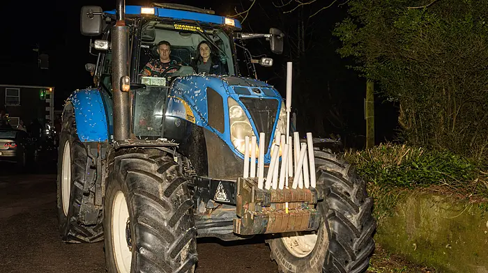 Adrian Chambers (Dunmanway) and Evelyn Deane (Enniskeane) took part driving a New Holland T6070 at the Kilmeen Macra Christmas lights tractor run which started at Tots Pub, Ballygurteen Cross and finished in Enniskeane. The proceeds of the run will go to the Irish Cancer Society and Marymount Hospice.  (Photo: David Patterson)