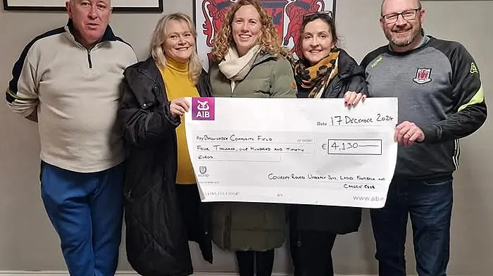 At the presentation of €4,130, the proceeds of the Last Player Standing fundraiser organised by the Courcey Rovers camogie and ladies football club and the Courcey Rovers underage club were (from left): Michael Pat Galvin (underage treasurer), Caroline Gallagher and Mairead O’Donoghue (Ballinadee Community Field development committee), Catherine Helbrow (chairperson, Courcey Rovers camogie and ladies football club) and Jamie Hayes (chairman, Courcey Rovers underage GAA).