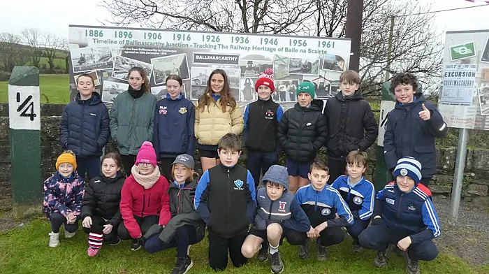 Pupils from 4th, 5th and 6th classes from Clogagh National School at the Railway Timeline in Ballinascarthy where they learned all about the train era in the area from Ray Good and Kate Crowley. Back (from left): Kyle Harrington, Aoibhínn McCabe,  Neasa Kiernan, Ayla Bishop, Ryan Deasy, Harry O'Reilly, Conor Cashman and Peter Dinneen. Front (from left): Savannah Nyhan, Cara Kiernan, Kate O'Flynn, Grace O'Sullivan, Danny Deasy, Arthur O'Leary, Konrad Diamond, Kai Fleming and Jack O'Sullivan.
