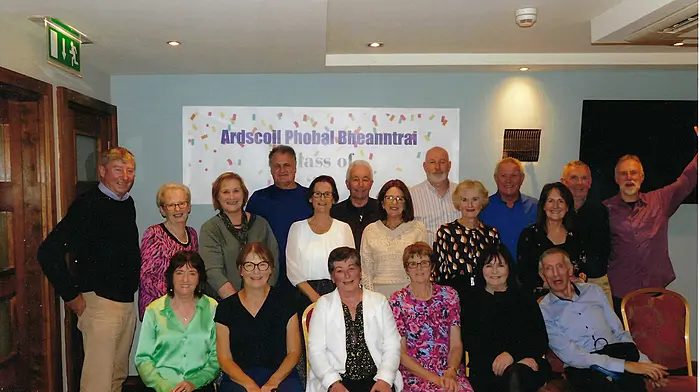 Ardscoil Phobal Bheanntrai’s class of 1974 at a recent school reunion which was held at the Maritime Hotel. Back (from left): Kevin Barry, Hilary Williams, Siobhan O'Grady, Kevin O'Sullivan, Joan O'Sullivan, Gene O'Sullivam, Eileen Harrington, Kevin Lynch, Eleanor O'Donovan, Seamus Daly, Eileen O'Sullivan, Donal Daly and Paul O'Donoghue. Front (from left): Margaret McCarthy, Mary Dennehy, Kathleen O'Leary, Noreen O'Mahony, Dymphna Harrington and John Greene.