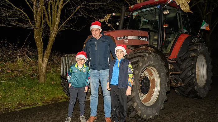 Joe, Tadhg and James Canniffe (Hare Hill, Bandon) took part in a Case MXM155 Pro tractor at the Ahiohill Christmas lights tractor run. Proceeds from the tractor run will go to West Cork Rapid Response. (Photo: David Patterson)