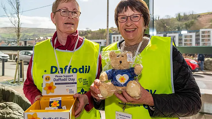 Eileen Sheehan and Eileen O'Donoghue  from Bantry on Daffodil Day, Irish Cancer Society's biggest fundraising event of the year. Sophie Pentek and Nasipho Mayiji at the Bandon Bridge National School Daffodil Day coffee morning. (Photos: Andy Gibson & Denis Boyle)