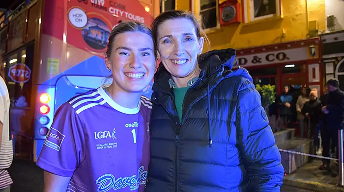 Delighted Skibbereen Community School goalkeeper Tara O'Regan with her mum Nora O'Regan at the homecoming.