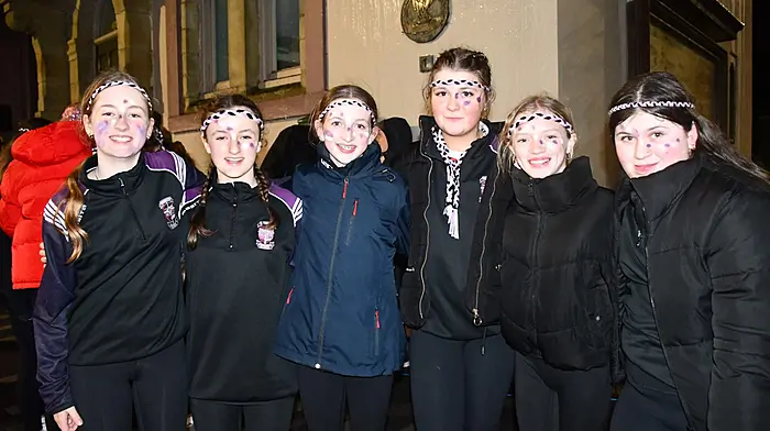 Waiting at the Square in Skibbereen for the return of the newly crowned All-Ireland champions were, from left, Amaya Lee, Carla Harte, Saoirse O'Driscoll, Clodagh White, Milly O'Donoghue and Amy Kearney.