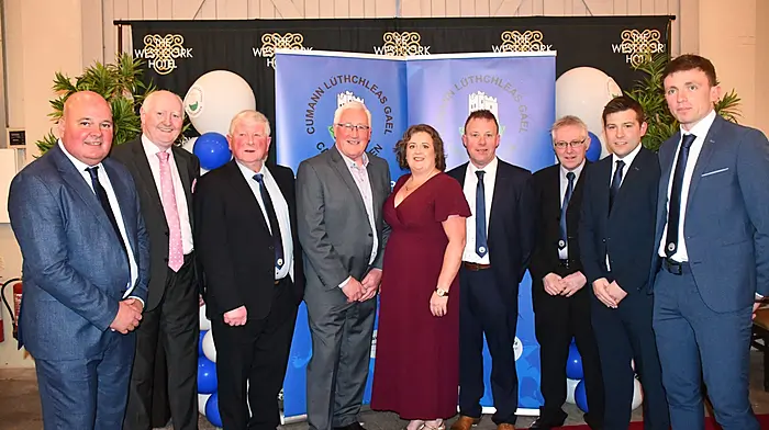 Castlehaven GAA Club committtee members and officers at the club's celebration dinner at the West Cork Hotel in Skibbereen. From left, Anthony Walsh (chairperson), Pat Horgan (Cork County Board Chairman), Dan Buckley (president), Pat Spillane (guest speaker), Catherine Courtney (registrar), Andy Whelton (secretary), Batt Maguire (PRO), Shane Nolan (treasurer) and Mark Collins (senior team captain). (Photos: Anne Minihane)