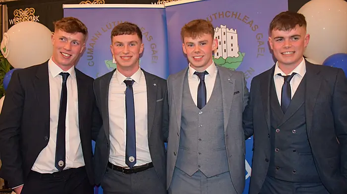 Jack O'Neill, Shane O'Connell, Oisín Daly and Joseph Bohane at Castlehaven's dinner dance. (Photo: Anne Minihane)