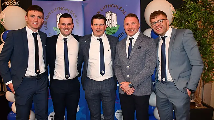 Enjoying the Castlehaven celebrations were, from left, Mark Collins, Ryan Deasy, Seanie Cahalane, Brian Hurley and David Whelton. (Photo: Anne Minihane)