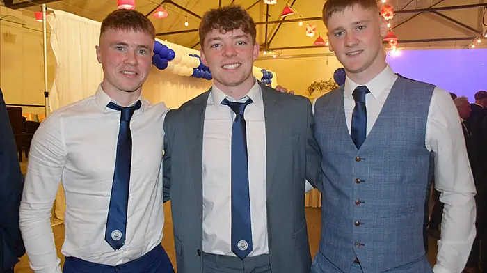 Jamie O'Driscoll, Tiarnan Collins and Fiachra Collins at the Castlehaven GAA celebration dinner. (Photo: Anne Minihane)