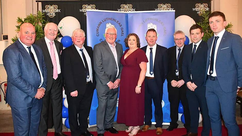 Castlehaven GAA Club committtee members and officers at the club's celebration dinner at the West Cork Hotel in Skibbereen. From left, Anthony Walsh (chairperson), Pat Horgan (Cork County Board Chairman), Dan Buckley (president), Pat Spillane (guest speaker), Catherine Courtney (registrar), Andy Whelton (secretary), Batt Maguire (PRO), Shane Nolan (treasurer) and Mark Collins (senior team captain). (Photo: Anne Minihane)