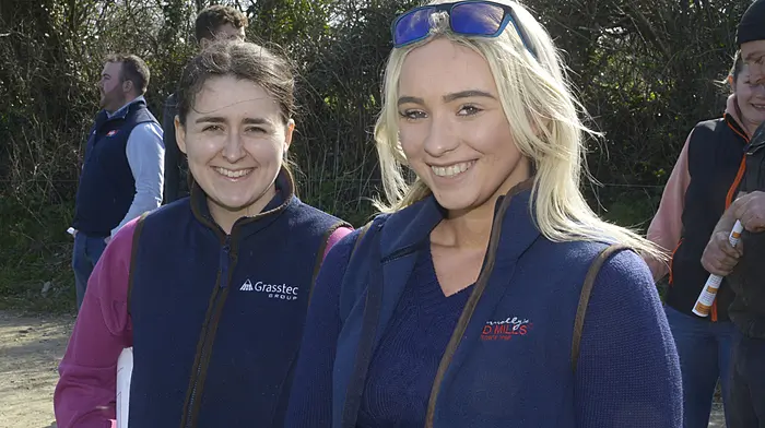 Jane Stocker, who was on farm placement ,and Chloe McCarthy from Bandon dairy farm at the farm walk. (Photo: Denis Boyle)