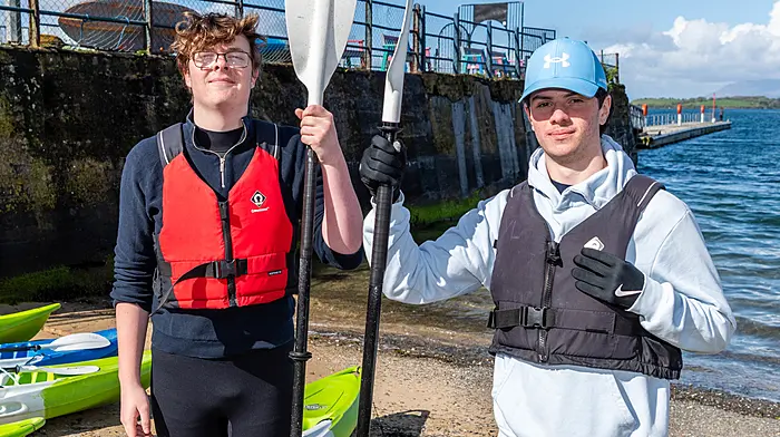 Patrick Staunton, Skibbereen and Jensen Collins-Taylor from Schull are pictured just before spending a morning kayaking in Bantry Bay. Left: Abi Duggan from Inchigeela and Cassie O'Shea from Kealkill. (Photos: Andy Gibson)