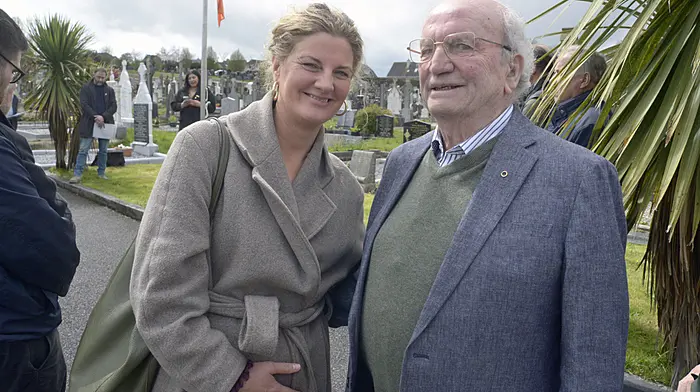 Nessa Cosgrove, Irish Labour Party senator for the Labour Panel since January at the annual Bandon Easter commemoration with her father Sean O'Callaghan. Right: Bandon and district pipe band member Ema Finn. (Photos: Denis Boyle)