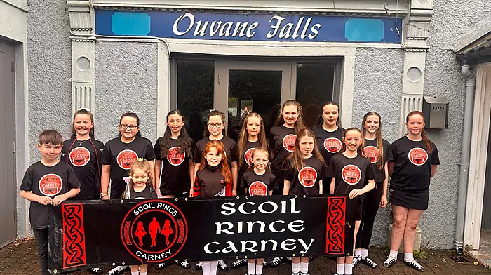 Dancers from Scoil Rince Carney entertained the crowd gathered for a fundraiser at the Ouvanne, Ballylickey last Saturday. The coffee morning was a great success and all proceeds were in aid of the Bantry Mental Health Unit.  Back (from left): Peggy O’Sullivan, Tanya Dempsey, Ciara Crowley, Leona Dempsey, Ruby Heapes, Fiadh Whooley, Laura Cronin, Saoirse O’Driscoll and Deirdre Cronin. Front (from left): Dean O’Flynn, Caoimhe Nash, Aisling Hourihane, Fiadh O’Driscoll, Kelsey Lynch and Saidbh O’Driscoll.
