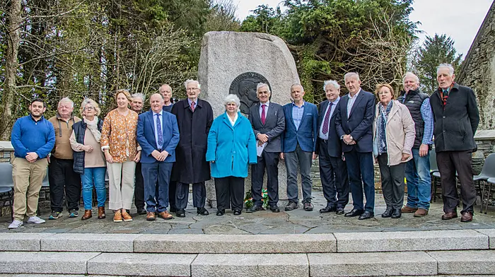 Among those in attendance at last Sundays 60th anniversary remembrance of the unveiling by General Tom Barry of the monument to Michael Collins at Sam’s Cross were (from left): Michael O'Donovan, Larry Crowley, Susan O'Donovan, Rachel Collins, Michael Coughlan, Richard White, Jeremiah Shanahan, Jim O’Keeffe (1965 chairman), Fidelma Collins, David O'Hea, Tim Crowley (Michael Collins Centre), Frank Collins, Church Cross, Kilcoe (1965 committee), Jimmy O 'Regan (assistant secretary 1965), Mary White, John Beechinor and Michael Crowley.   (Photo: Gearoid Holland)