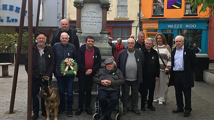 Among the attendees at the annual Clonakilty Easter 1916 commemoration at Asna Square on Easter Sunday were (from left): Séamus deBúrca, Cionnaith Ó Súilleabháin (who laid the wreath), Pádraig O’Sullivan (at rear); Donal O'Driscoll (cathaoirleach), Tommy Russell, John Moloney, Paul Corcoran, Jerry Daly (honorary president Clonakilty Sinn Féin and Mike Russell who read the Proclamation.