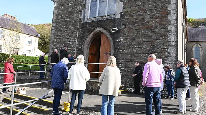 On Easter Monday, and following the death of Pope Francis, a number of people gathered at the  Sacred Heart Church in Courtmacsherry for the tolling of the church bell and some prayers.  (Photo: Martin Walsh)