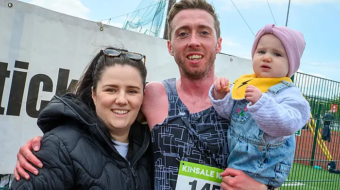Ryan Creech of Lee Valley AC, the first across the line in the Riverstick Kinsale AC 10 Mile road race on the easter bank holiday Monday with a new record of 49 minutes and 16 Seconds pictured with family Chloe Murphy and Zoe Creech from Glanmire.  (Photo: John Allen)