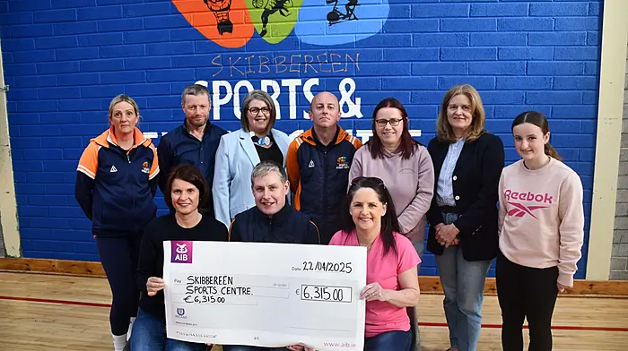 Organisers of Skibbereen Cheval Ride, part of West Cork Chevals, presented the money raised from their recent cheval ride to the Skibbereen Sports Centre for their redevelopment projects. Front (from left): organisers Christine Murphy and Nollaig White handing over the cheque to Niall McCarthy (manager, Skibbereen Sports Centre). Also included are Jennie Brickely and Jonathan McSweeney (Skibbereen Sports Centre staff),  David and Mary Sheehy, Martina Courtney and Carla Harte (organisers of Skibbereen Cheval Ride) and Ciara O'Driscoll (chairperson, board of directors, Skibbereen Sports Centre).   (Photo: Anne Minihane)