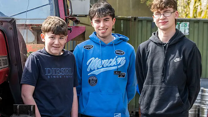 Jack Collins from Rosscarbery, Ryan O'Mahony, Glandore and Ryan O'Donovan from Leap at the Leap & District Vintage Club’s annual tractor run.   (Photo: Andy Gibson)