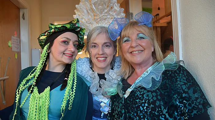 Sahar Kroon Jarrahie, Valerie Vansse and Michelle McCormack, cast members of The Spongebob Musical. Right: Kate O'Brien with Pauline Crowley, Timoleague, watching the Palm Sunday parade in Clonakilty. (Photos: Anne Minihane & Martin Walsh)