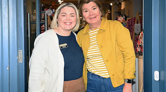 Kate O'Brien (left) Seasalt Cornwall with Pauline Crowley, Timoleague watching the Palm Sunday parade along Pearse Street, Clonbakiulty.  Photo: Martin Walsh.