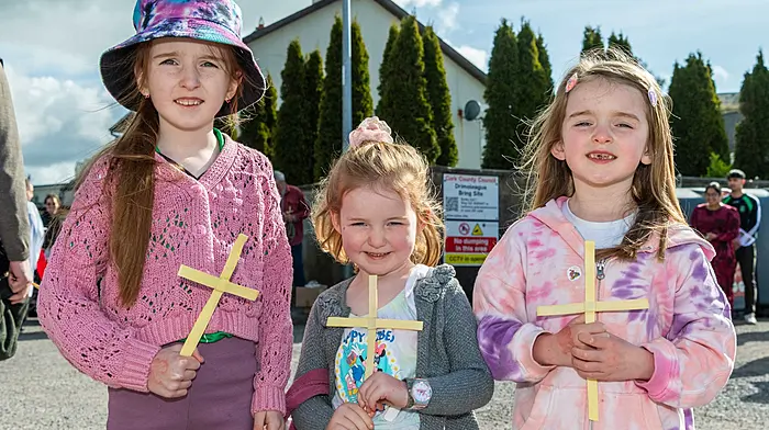 A 'Walk of Witness' took place in Drimoleague today for Palm Sunday. All the Drimoleague churches came together to walk to All Saint's Catholic Church for a Palm Sunday Mass. Pictured at the walk were Clodagh; Cáit and Éabha Forde from Drimoleague.. Picture: Andy Gibson.
