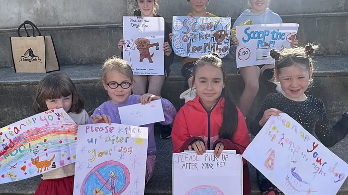 Some of the pupils from Rath NS who took part in an anti dog fouling poster competition to raise awareness about the problem in Baltimore were (Back L-R) Rebecca McSweeney, Mark Marchenko, Hannah Sheehy, (From L-R) Rita Flannery, Sofia Lee, Yevheniia Smokyana and Roisín O’ Driscoll.Caoimhe Cottrell is missing from this photo.