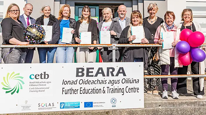 A wonderful celebration in the Beara FET centre recently of our Level 5 Payroll students who completed the course as a collaboration between Cork College of FET Morrison Island Campus and Beara FET where students were able to attend classes in their local centre in order to complete the course and receive certification. Noreen Murnane (Resource Worker Beara FET), John Fitzgibbons (Director of FET, Cork ETB), Belinda Sloan, Catherine Spalinger, Geraldine O’Donoghue, Katalin Vida, Claire Cronin (who all received QQI Level 5 Payroll certs), Michael Crowley (AEO, Cork ETB), Helen Ryan (Principal, Cork College of FET Morrison Island Campus), Kay O’Shea (who collected on behalf of her daughter Claire),Brid Murphy (Area Co-Ordinator Cork ETB) Brid Murphy.     Missing from the photo was Claire O’Shea, Alicia Bothma & Antionette O'SullivanPicture: Anne Marie Cronin Photography