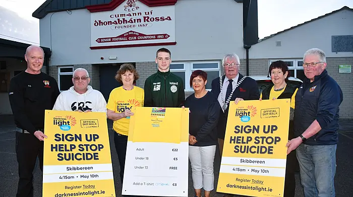 World kickboxing champion Evan Collins along with Cork County Mayor Cllr. Joe Carroll launched the Skibbereen Darkness Into Light on May 10th at 4.15am starting at the O'Donovan Rossa GAA grounds pictured with members of the organising committee, Tom Collins, Noel McCarthy, Mary Jacinta Casey, Jackie McCarthy, Helen Dempsey and Pat Fitzgerald. Photo; Anne Minihane.