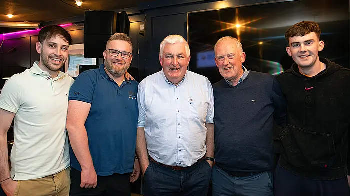 Courtmacsherry's Micheál Hurley (centre) celebrated his 70th birthday on Friday with friends (left to right): David Murphy, Billy O'Donovan, Liam Murphy and Brian Murphy in the Courtmacsherry Hotel.  Photo: Martin Walsh.