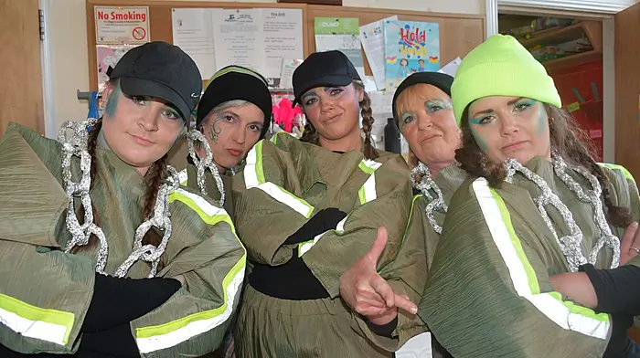 Getting in the zone for Baltimore Drama Group's production of The Spongebob Musical were Sarah Loane, Valerie Vansse, Laoise, Michelle and Caoimhe McCormack which is on stage at the Community Hall in Baltimore on April 21st, 23rd, 25th, 26th at 7.30pm and a Matinee performance on Sunday 27th at 3pm. Photo; Anne Minihane.
