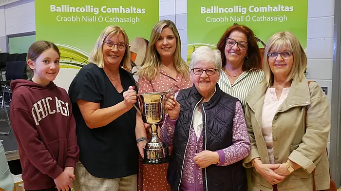 At the presentation of the Fiona Collins Cup in Ballincollig last weekend were l to r: Sophie Bambury, Margaret Kiely, chairperson of the County Board for Comhaltas, Cllr Ann Bambury, Ellen Collins, Claire Collins and Annette O'Driscoll