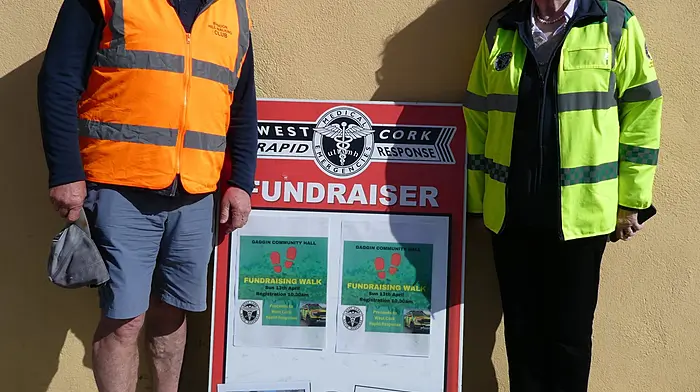 Robert Wilmot from Bandon Walking Club pictured with Betty Hennessy from West Cork Rapid Response at the charity walk in Gaggin last Sunday. Both were Grand Marshals of the St Patrick's Day parades this year with Robert taking the honours in Bandon and Betty at the Clonakilty parade.