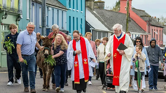 People from all the Drimoleague churches, along with Patty the donkey, came together to walk to All Saint's Catholic Church for a Palm Sunday Mass.  Picture: Andy Gibson.