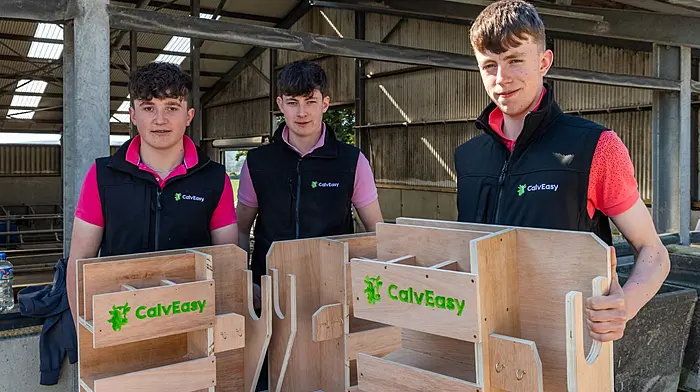 Students Conor Noonan, Sean Keane and Adam McNamara from CBS Mitchelstown presented their 'CalvEasy' handmade calving organiser at the Robotic Milking Open Day in Ballinadee recenlty on the farm of  dairy farmer Gavin Forde. Picture: Andy Gibson.