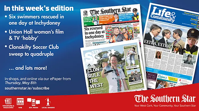 THE SOUTHERN STAR IS IN STORES NOW: Six swimmers rescued in one day at Inchydoney ; Union Hall woman on being a background actress; Clonakilty Soccer Club sweep to quadruple Image