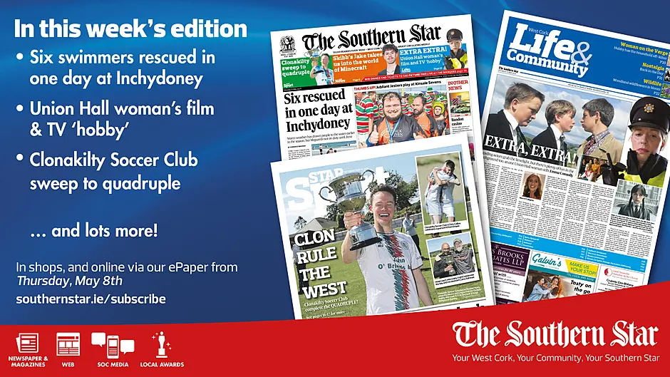 THE SOUTHERN STAR IS IN STORES NOW: Six swimmers rescued in one day at Inchydoney ; Union Hall woman on being a background actress; Clonakilty Soccer Club sweep to quadruple Image