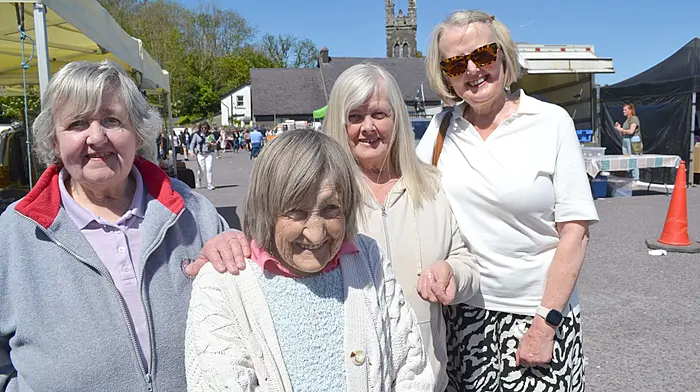 Sisters  Daphne Swanton, Betty Casey, Beryl Howard with Marian O'Driscoll who were all neighbours on Bridge Street in Skibbereen for many years enjoying a catch upn at the Farmers Market in Skibbereen last Saturday. Photo; Anne MInihane.