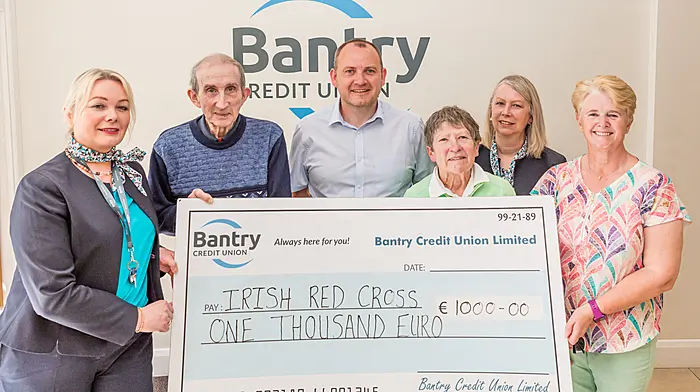 A recent article in The Southern Star told the story of the Berehaven Red Cross Defibrillator Group’s fundraising campaign. They require almost €12,000 to replace 12 vital defibrillators that are located throughout Beara, and which are reaching the end of their service life. As a result, Bantry Credit Union has contributed €1,000 to support the vital, life-saving equipment in Beara. From left: Gillian O’Neill (Bantry Credit Union), JJ McLaughlan (Bearhaven Red Cross), Peadar Noonan (Bantry Credit Union), Kathleen Lynch (Berehaven Red Cross), Liz Harrington (Bantry Credit Union), Kathleen Dwyer (Berehaven Red Cross).    (Photo: Anne Marie Cronin)