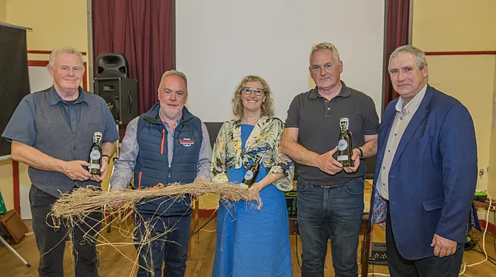 A historical talk on the history of flax in the area of Barryroe Co-op and district was held at Timoleague Community Hall. Afterwards a presentation was made to the speakers by Co-op chairman Michael Sexton. From left: Dr Colin Rynne (industrial archaeologist UCC), John O'Brien (Barryroe Co-op), Kathy Kirwan (flax enthusiast), Philip O'Regan (historian), and Michael Sexton (chairman, Barryroe Co-op).   (Photo: Gearoid Holland)
