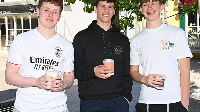 Enjoying their coffee in Clonakilty were (from left): Padraig Twomey (Bealad) with Ardfiled's Conor Whelton and Charlie McShane.  (Photo: Martin Walsh)