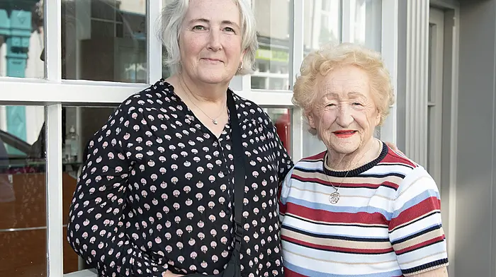 Local ladies Mary Quinlan (left) and Noreen Minihan having a chat along Pearse Street, Clonakilty.  (Photo: Martin Walsh)