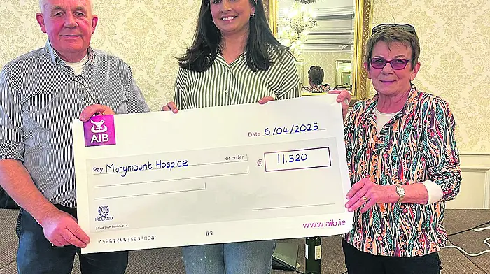 A recent bingo fundraiser in aid of Marymount Hospice, and remembering the late Steve Rixon, was held at the West Cork Hotel. Billy and Frances Newman presented a cheque of €11,520 to Minnie McKenna, a nurse at Marymount Hospice. The organising committee expressed thanks to all those who supported the event.