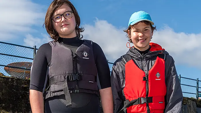Bantry, West Cork, Ireland. 21st Apr, 2025. On a warm and sunny Bank Holiday Monday, Bantry Bay Boat Hire organised an Easter Teen Adventure 3-Day Camp. David Pavlik, Czech Republic and Oisín Huna from Bantry are pictured just before spending a morning kayaking in Bantry Bay. Picture: Andy Gibson.