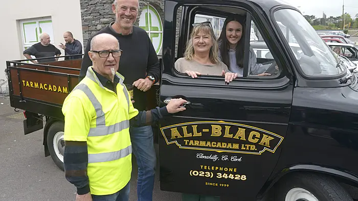 At the Bandon Vintage Club’s spring run at Kevin O'Leary’s was (from left) Peter O'Sullivan (event organiser) with Michael Murphy, Noreen Walsh (Bandon Day Care Centre), and Ciara Murphy.  (Photo: Denis Boyle)