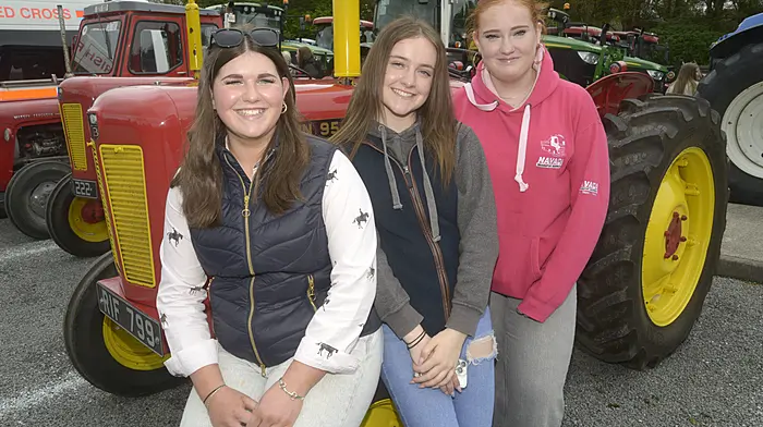 Lucy O'Connor (Bantry), Amelia Kingston (Dunmanway), and Ella Wilson (Bandon) enjoying time together at the Bandon Grammar School’s tractor, truck and vintage run.  (Photo: Denis Boyle)
