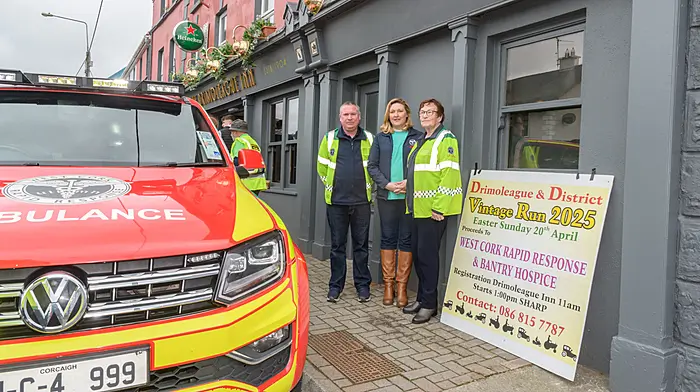 Liam Slattery (The Pike), Amy Enright (Drimoleague) and Betty Hennessy (Ballinascarthy) of West Cork Rapid Response at the Drimoleague tractor, truck and car run which was held in aid of West Cork Rapid Response and Bantry Hospice.  (Photo: David Patterson)