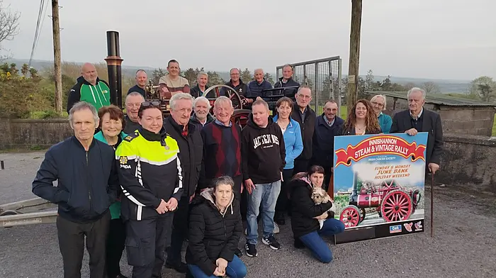 At the launch of the Innishannon Steam and Vintage Rally were Robert O'Leary raffle ticket seller organiser; Frances Murphy community garda Bandon; John Kelleher rally president; Martin O'Leary major ticket seller; Martin Desmond rally chair; PJ Ryan and Bill O'Sullivan, treasurers; Mary Desmond and Siobhan Cullinane, secretaries; and Natalie McCormack, Irish Cancer Society fundraising administrator for Cork.