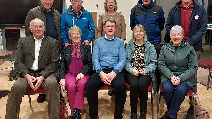 Over 100 people attended the talk by Fachtna McCarthy of Dúchas Clonakilty Heritage on Lady Mary Carbery of Castlefreke, at the GAA pavilion last week. Included were (standing, from left): Michael O'Mahony, Michael O'Sullivan, Rachael Cronin, Don Hill, and Seán Brennan. Seated (from left): Tim Feen, Barbara McGuirk, Fachtna McCarthy (guest speaker), his wife Catherine, and Margaret McBride.
